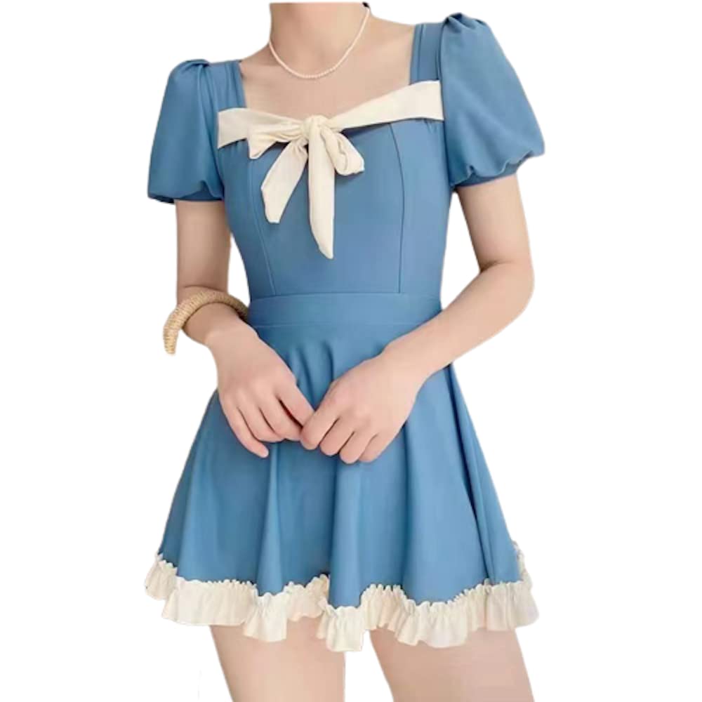 JHTPSLR Teen Girls Swimsuit with Skirt Elegant Aesthetic Swimsuits Cute Kawaii Swimsuit Two Pieces Princess Style (M, Blue)