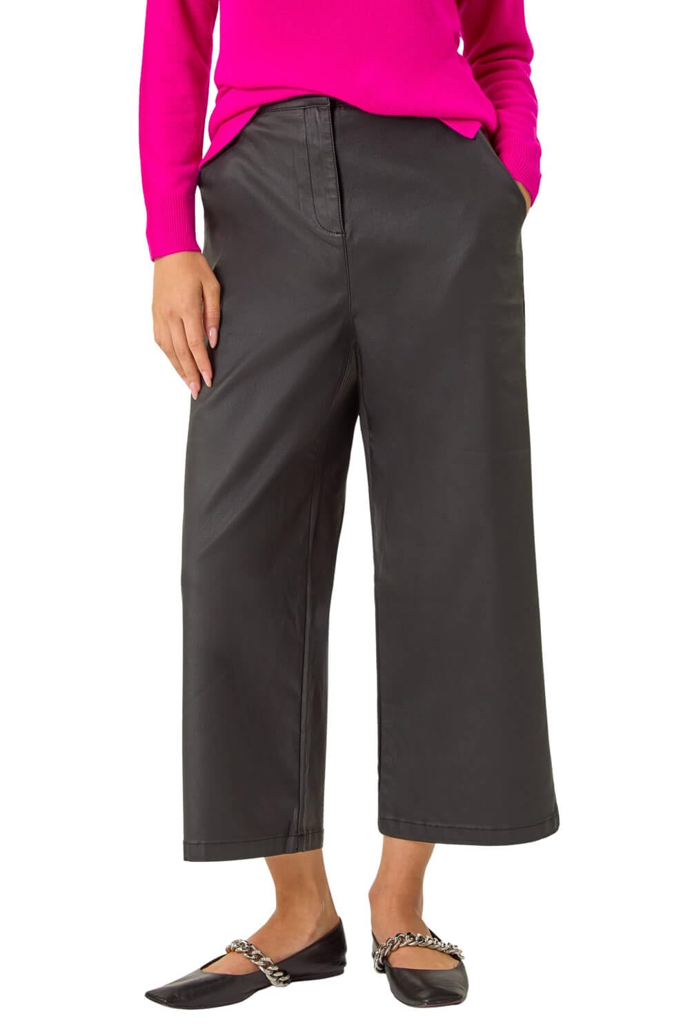 Roman Women's Black Coated Wide Leg Cropped Trouser In Size 14