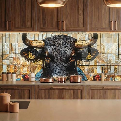 Protector para estufa de vidrio templado con diseño de vitral de toro, decoración artística para cocina miniatura 5