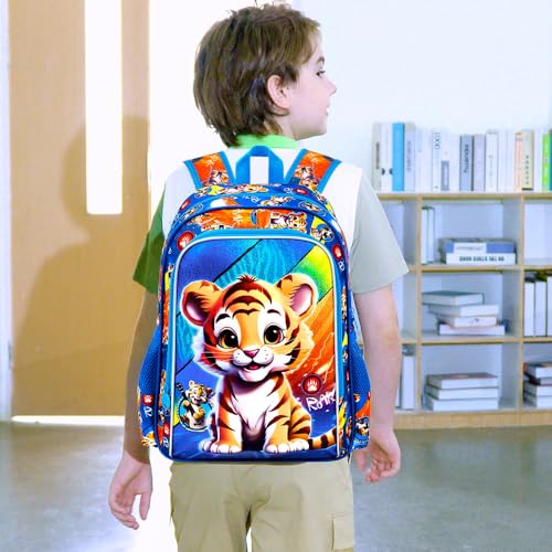 Image of 3Pcs Boys Backpack, 16 inch Tiger School Backpacks with Lunch Box, Kids Bookbag for Elementary Preschool Kindergarten(Blue)