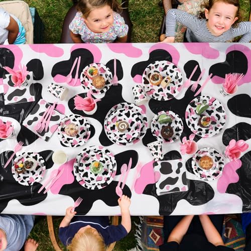 Bokon 352 Pcs Cow Print Party Supplies - Plates, Napkins, Cups, Cutlery, Tablecloths for Baby Shower, Farm Cow Birthday Party Decorations(White, Black and Pink) - Thumbnail 4