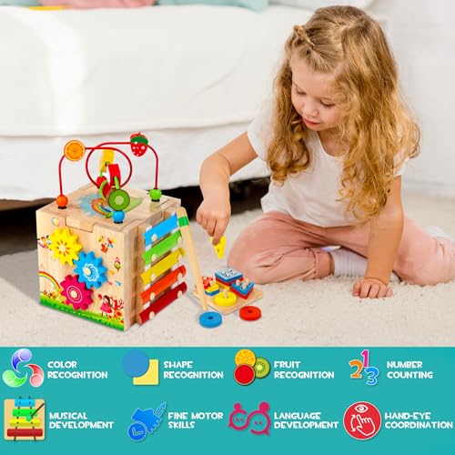 Image of HELLOWOOD Wooden Activity Cube, 8-in-1 Montessori Baby Toys for 1+ Year Old Boys & Girls, Educational Learning Toys for Toddlers Age 1-2, 1st Birthday Gift | Bonus Sorting & Stacking Board