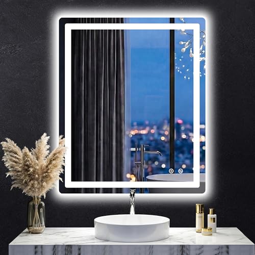 Image of LED Bathroom Mirror with Lights, 30 inchx36 inch Lighted Vanity Mirror for Wall | Anti-Fog, Dimmable 3 Color Light, Backlit+Frontlit, Shatterproof Tempered Glass, Memory Function