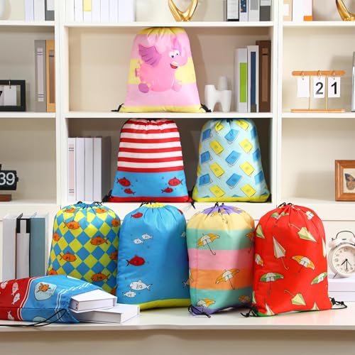 Image of 24 Pcs Cartoon Drawstring Bags Bulk Treat Backpacks Bags Carrying Binder Folder Computer Decorations for Writing Teacher Reader Book Lover Birthday Party Favors