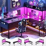 Aheaplus L Shaped Desk Gaming Desk, 59' L Shaped Computer Desk with LED Light & Power Outlet, Reversible Home Office Desk Gamer Desks with Shelves & Storage Bag & Hooks, Corner PC Desk, Black