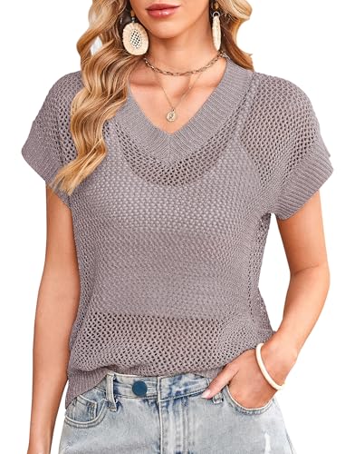 Cakulo Summer Crochet Tops for Women 2025 Short Sleeve V Neck Hollow Out Knit Beach Cover Up Casual Sweater Top
