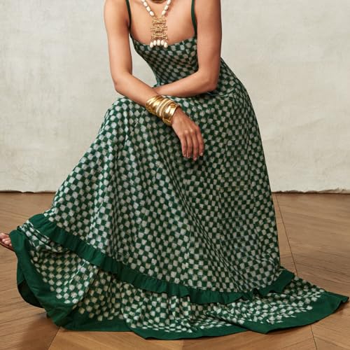 Women Long Beach Dress Sleeveless Spaghetti Strap Checkerboard Print Flowy Dress Midi Slip Dress 7