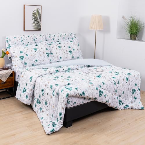 Image of lasoftan Floral King Comforter Set with Sheets, 7 piece Luxury Vintage Bedding, Soft Microfiber Bed in a Bag, Cozy Lightweight Bed Set, Teal Blue Flower Branch
