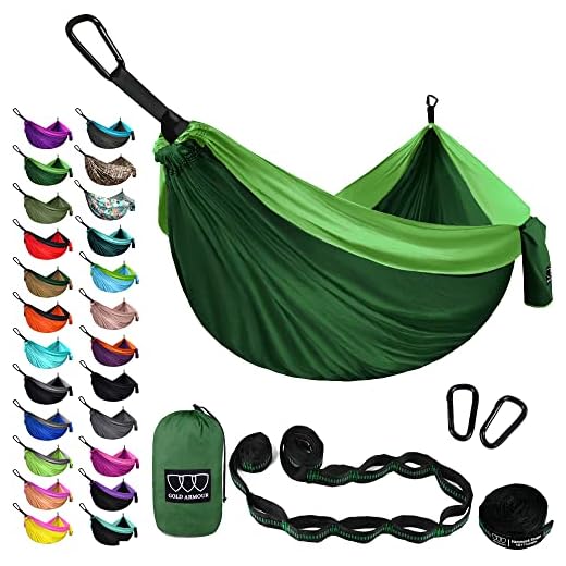 Gold Armour Camping Hammock - Extra Large Double Parachute Hammock (2 Tree Straps 16 Loops,10 ft Included) USA Brand Lightweight Nylon Mens Womens Kids, Camping Accessories Gear (Green/Green)