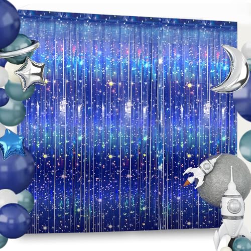 Vagilelf 3 PCS Galaxy Foil Curtains Backdrop for Space Themed Party Decorations, 3.3 x 6.6 ft Blue Iridescent Tinsel Curtains, Foil Fringe for Photo Booth, Outer Space Birthday or Alien Party