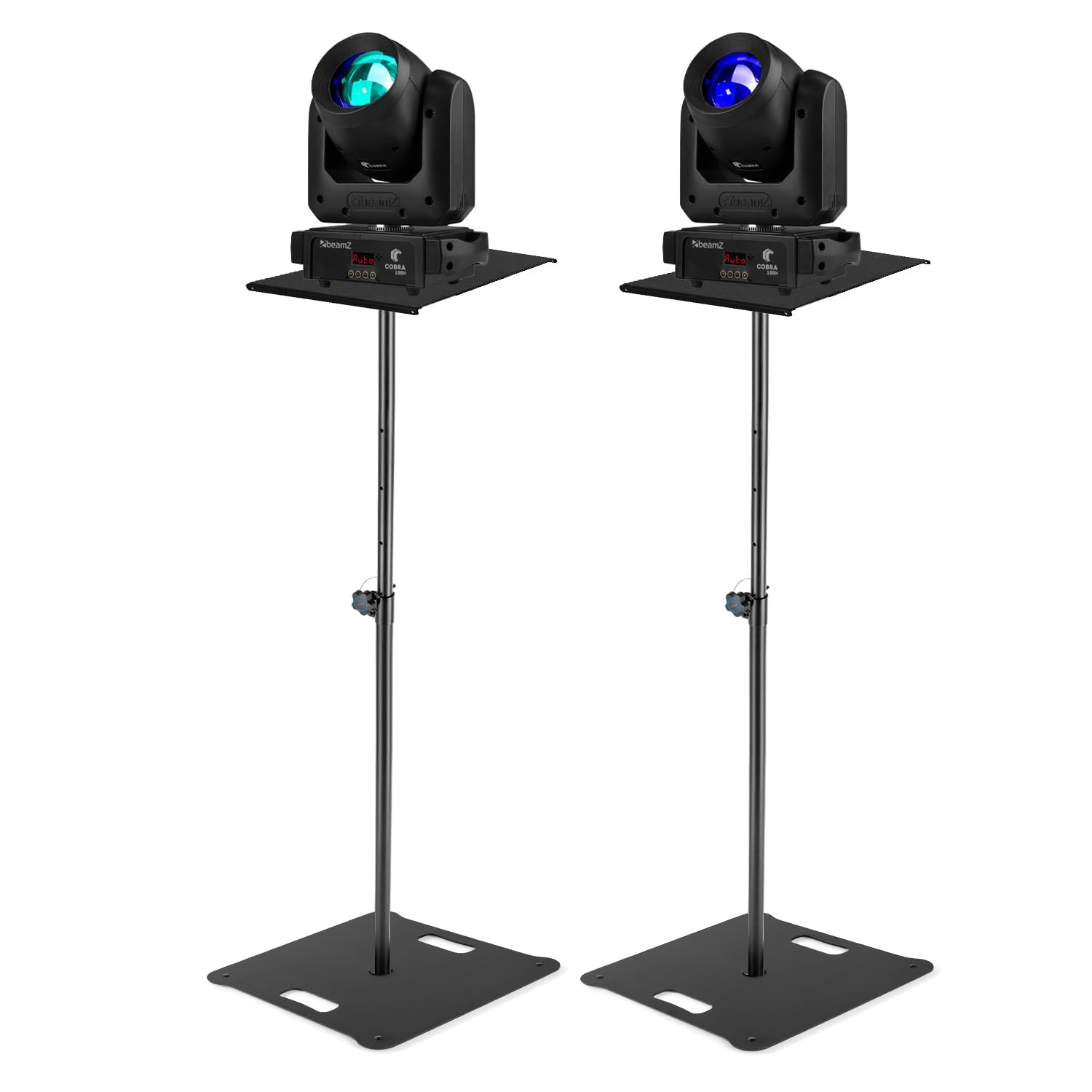 2X BeamZ Cobra 100H LED DJ Moving Head Light Package with Square Base Plinth Stands – Complete Lighting Solution for DJs, Bands, and Stage Events