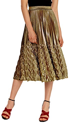 CHARTOU Women's Glitter Metallic Chevron Pattern Gold & Silver Mid-Long Accordion Pleated Skirts (Gold, Large)