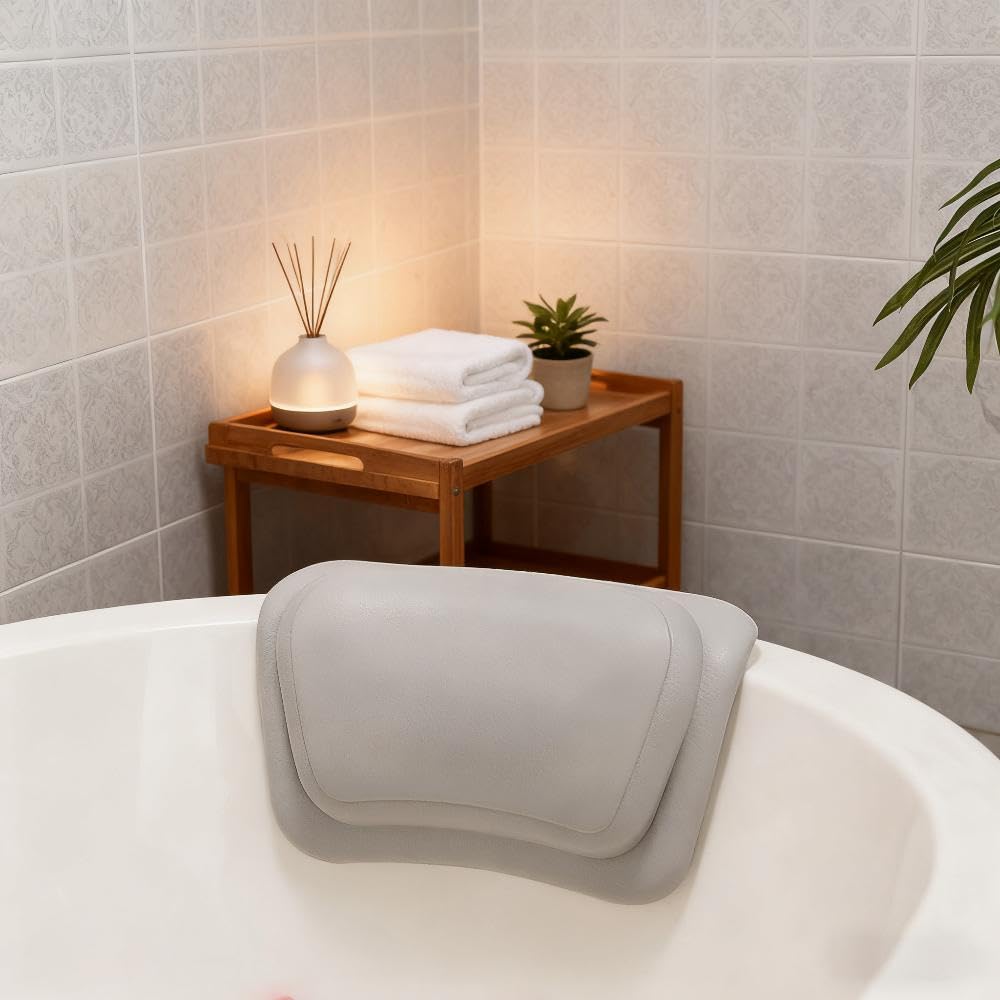 Poduszka łazienkowa do wanny – wodoodporny i ergonomiczny zagłówek 3D z 2 mocnymi przyssawkami, antypoślizgowa poduszka spa dla wsparcia szyi i pleców, wygodny relaks (szara)