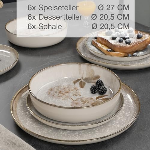 Moritz & Moritz BLOSSOM Porzellan Geschirrset 6 Personen 18-tlg. - Modernes Tafelservice mit verspieltem Design - Pflegeleichtes Kaffeeservice mit Teller Set & Schüsseln - Kombiservice