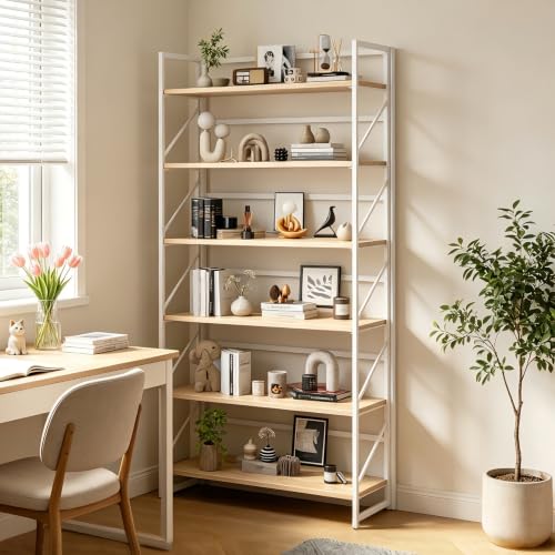 Image of JSB 6 Tier No Assembly Folding Bookshelf, 30.7 inch Wide Foldable Storage Bookcase for Home Office, Space-Saving Storage Shelf for Living Room (White)