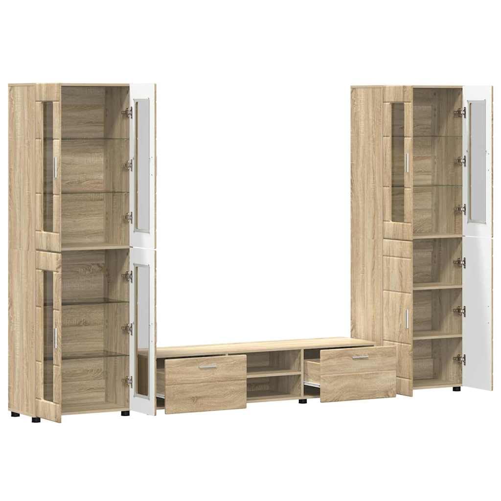 Set di mobili per TV Florin, 3 pezzi, in legno di rovere Sonoma, con ripiano alto e ripiano, moderno set di mobili per soggiorno con molto spazio e cassetti per una conservazione elegante