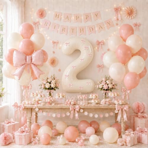 Image of 40 Inch Pink Beige Number 2 Balloon Tower with Bow 2nd Birthday Decorations