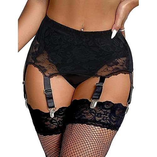 ohyeahlady Talla Grande Liguero Encaje Sexy con 6 Pinzas Conjunto Liguero Lenceria Mujer Ropa Interior Feminina Liga de Cintura Alta(Negro,M-L)