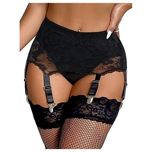 ohyeahlady Talla Grande Liguero Encaje Sexy con 6 Pinzas Conjunto Liguero Lenceria Mujer Ropa Interior Feminina Liga de Cintura Alta(Negro,M-L)