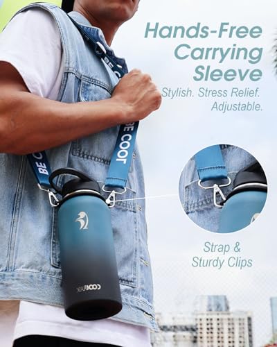Image of Coolflask 32 oz Water Bottle Insulated Stainless Steel with Strap