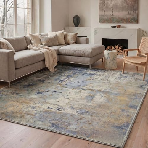 Image of BEIMO Area Rugs 8x10 for Living Room Bedroom, Modern Abstract Machine Washable Rug, Large Soft Low Pile Floor Cover with Non Slip Backing for Dining Room, Dusty Blue
