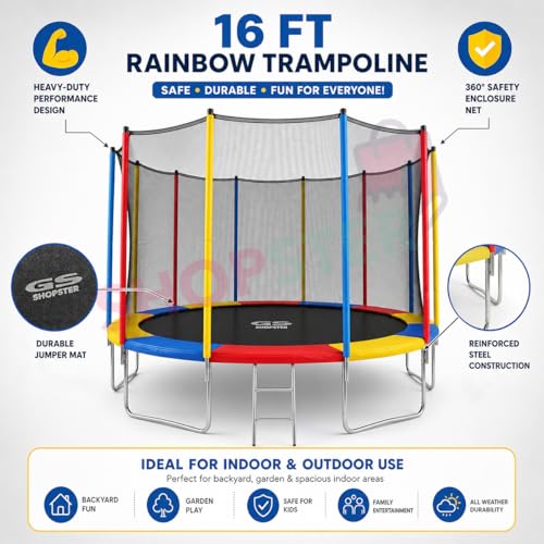 Image of Shopster Fitness Heavy GS 16 Feet Jumping Trampoline for Kids & Adults with Safety Enclosure Net, Jumper Mat (Supports Weight Capacity of 400Kgs), Indoor & Outdoor, (Dia- 16 ft), Rainbow