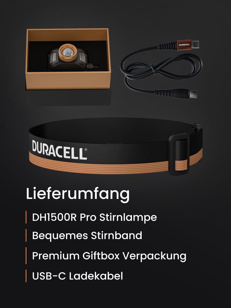 Duracell LED Stirnlampe DH1500R Pro – 1500 Lumen, fokussierbar, 50m Leuchtweite, Rotlichtfunktion, Outdoor & Camping, USB-C wiederaufladbar, 18650 Li-Ion Akku, spritzwassergeschützt, inkl. Geschenkbox