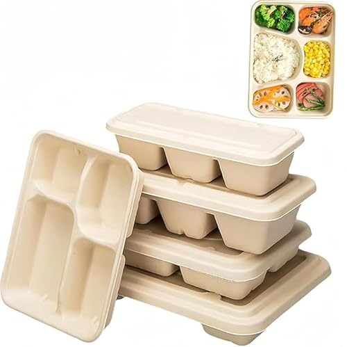 AZIEBAY100 個入りのクラフト紙製使い捨て弁当箱、1200ml で 3 仕切り付きで食事を分類収納、電子レンジ対応で加熱も可能、耐水耐油性能で食品包装に安心、蓋付きで持ち運びに便利な多機能弁当箱