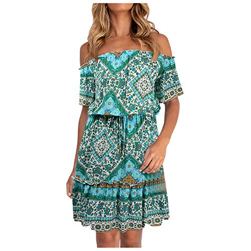 FORUU Summer Womens Dresses 2021,Cute Bohemian Dress Printed Short-Sleeved Dresses Off The Shoulder Dresses Mini Boho Dress Flower Girl Dresses Cute Holiday Dresses Loose Fit Dresses Green