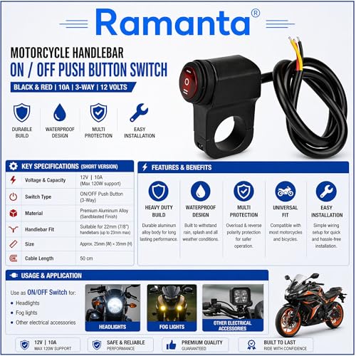 Image of Ramanta Motorcycle Handlebar ON-OFF-ON Switch | 12V DC CNC Cast Aluminum | Waterproof 3 Way Function | Light Control Handlebar Mounting Switch Universal for All Motorcycle & Bikes (Pack of 1)