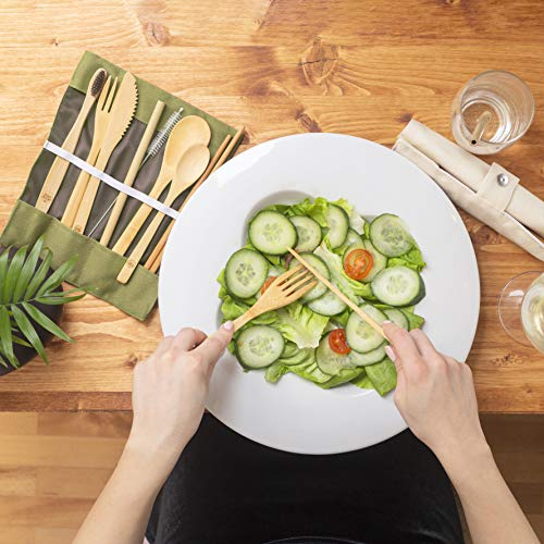 Greenzla 2-Pack Bamboo Utensils Set | With Bonus 2 Bamboo Toothbrushes | Natural Bamboo Straw, Spoon, Fork, Knife, Teaspoon, Chopsticks, Brush & 2 Storage Bags | Reusable Bamboo Cutlery Set #TOP3