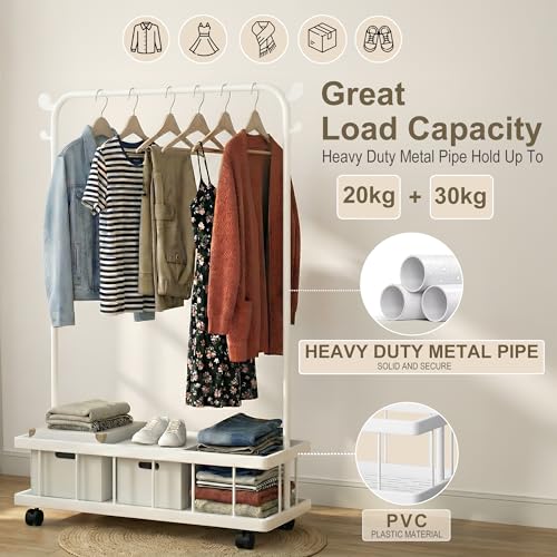 Image of Story@Home Freestanding Metal Clothes Hanging Stand with Wheels, Bottom Storage Shelf & Coat Hanger | Heavy-Duty Garment Rack for Bedroom, Laundry, Entryway & Living Room - White