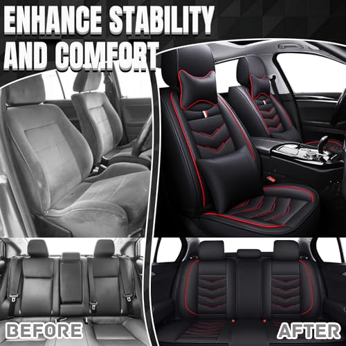Image of Car Seat Covers Fit for GMC Terrain 2010-2026, Leather Seat Covers for Car, Waterproof Non-Slip Durable Car Seat Protector(5 Seats with Pillow,Black Red)