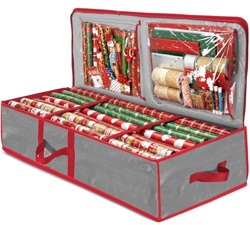 Zober Christmas Wrapping Paper Storage Bag with Interior Pockets - Fits 18-24 Rolls - Gift Wrap Organiser for Christmas Decorations Bows Tags & Ribbons - Durable Tear Proof Wrapping Paper Storage Box