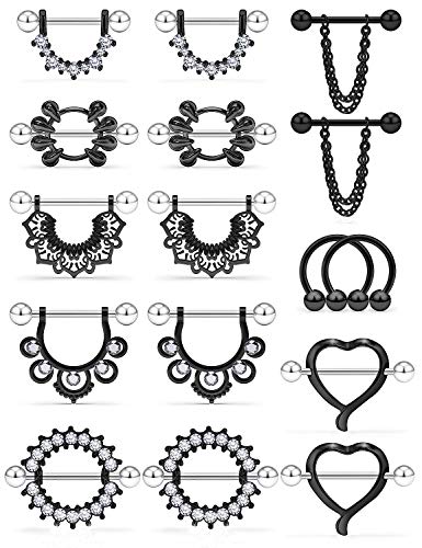 Kridzisw 14G Black Nipple Rings for Women Nipple Piercings Nipple Jewelry Nipple Piercing Jewelry Stainless Steel Nipple Nipplerings Shield Ring Barbell Bar Hoop Piercing Body Jewelry for Women