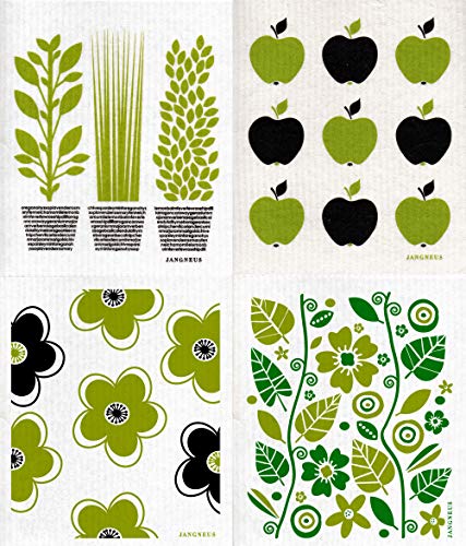 Trendy Tripper JANGNEUS Swedish Dishcloths, Set of 4 Different Designs in Green - HERB/Apples/Flowers/Garden