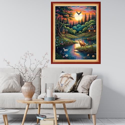 Image of Findvoor Stamped Cross Stitch Kits for Beginner Embroidery Kits for Beginners Adults DIY 11CT Cross Stitch Patterns Needlepoint Kits Crossstitching Kits-Night View of the Creek 16x20 inch