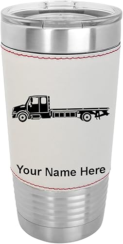 Miniatura 9 de LaserGram Vaso aislado al vacío de 20 onzas camión de remolque de cama plana grabado personalizado incluido piel sintética gris