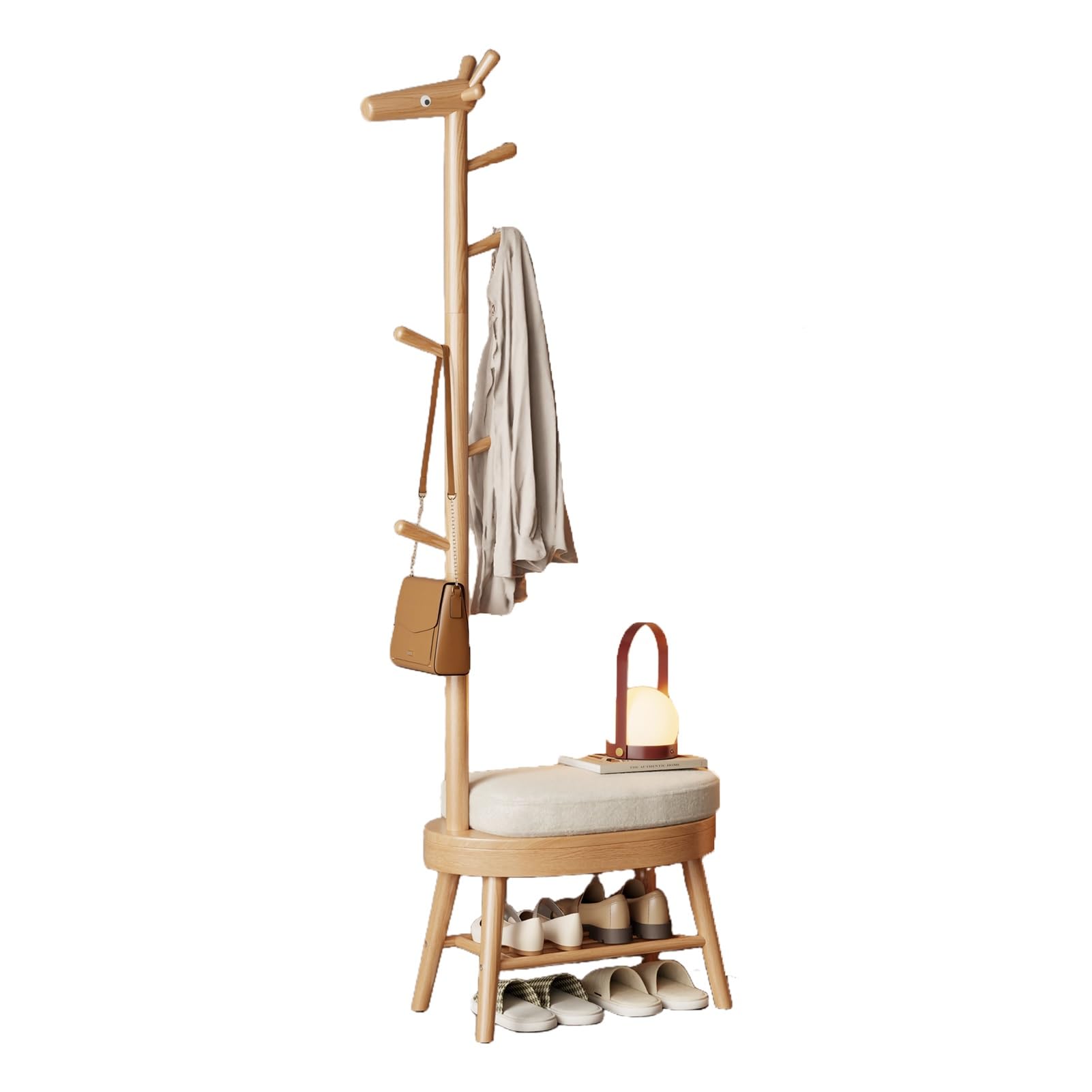 Banc à chaussures en bois massif avec porte-manteau intégré et siège rembourré pour entrée