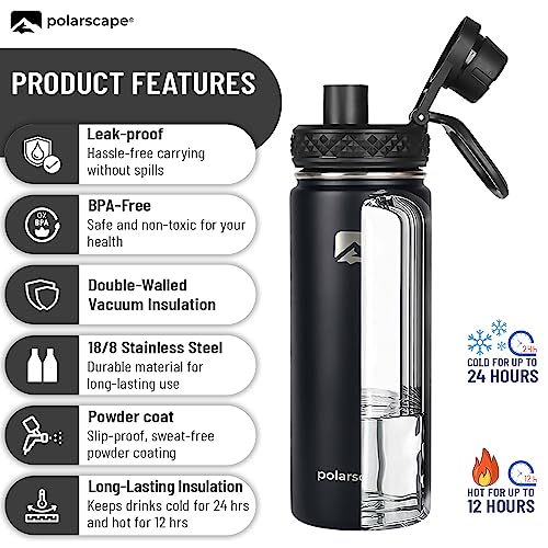 Polarscape Stainless Steel 500ml Insulated Water Bottle with Straw, Metal Water Bottle, Includes 3 Lids, 2 Straws - Image 4