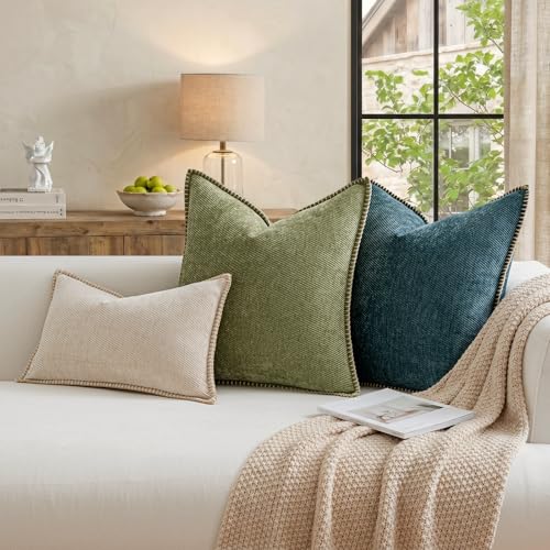 Image of a moment Pack of 2 Decorative Chenille Throw Pillow Covers with Twill Cushion Covers for Sofa Living Room Couch Bed 20x20 Inch,Crafted Border Moss Green