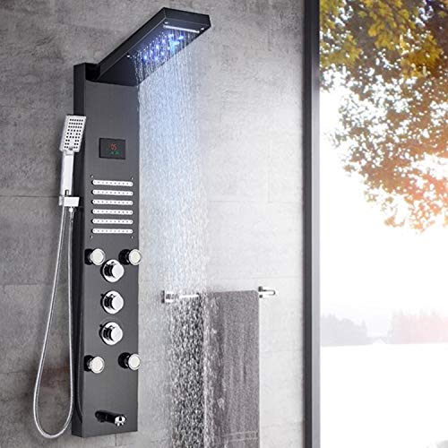 AlenArt Stainless Steel Shower Panel Tower System, LED Waterfall Rainfall Shower Head, Shower Tower with 5- Function,Hydroelectricity Display Rain Massage with Jets, Brushed Blackâ€¦â€¦â€¦â€¦â€¦â€¦