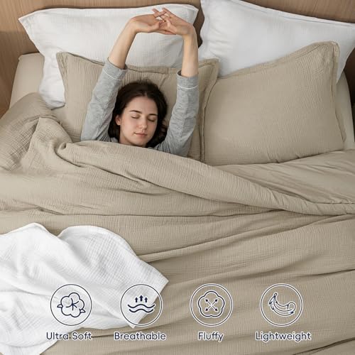 Image of PHF Cotton Muslin Comforter Set King - 100% Cotton Cover, Ultra Soft & Breathable, 3PCS Lightweight All-Season Bedding with Polyester Fill, 1 Comforter 104 inchx90 inch & 2 Pillow Shams 20 inchx36 inch, Taupe