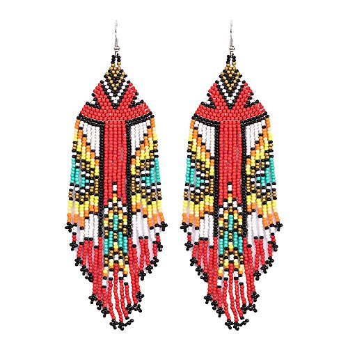 Long Beaded Tassel Earrings - American Flag Drop Earrings Bohemian Beaded, Seed Bead Tribal Dangle Earrings, Pendientes De Borla, Gift Idea for Women, Girls (Red Colorful Earrings)