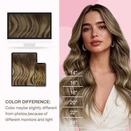 Image of GOO GOO Sew in Hair Extensions Real Human Hair, Weft Hair Extensions Human Hair, 4 /27 /4 Balayage Chocolate Brown to Caramel Blonde 18inch 100g, Weft Bundles Straight Silky Remy Hair