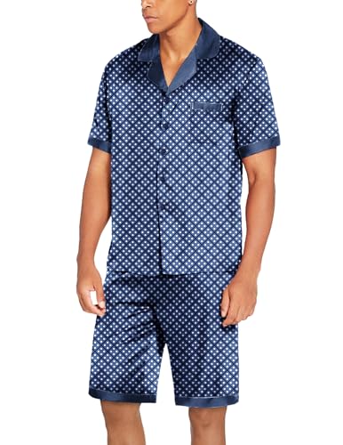 Image of Ekouaer Mens Satin Pajamas Set Button-Down Short /Long Sleeve Shirt Top Soft Silk Sleepwear Loose Pocket Pant Loungewear