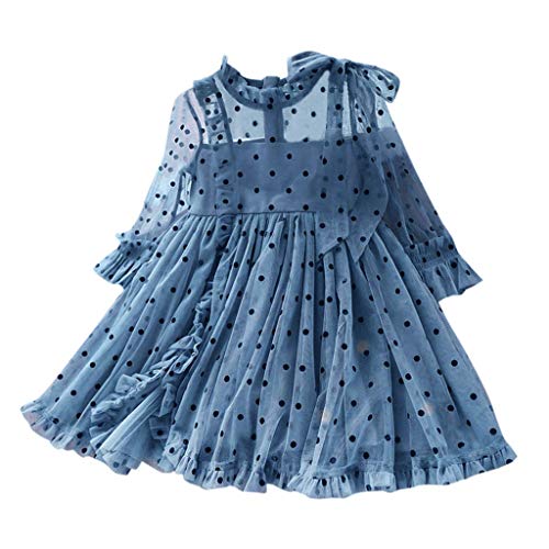 FIN86 Baby Dress, Toddler Newborn Baby Kids Girls Long Sleeve Mesh Ruched Polka Dot Ruffle Princess Dress Pageant Summer Blue