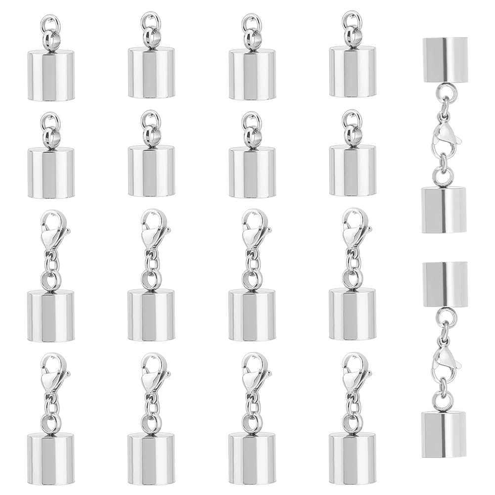 UNICRAFTALE 20Pcs 2 Sizes Stainless Steel 9mm Inner Diameter Leather Cord Ends with Jump Rings Smooth Barrel End Caps Metal Lobster Claw Clasps with End Caps Terminators for DIY Jewelry Making