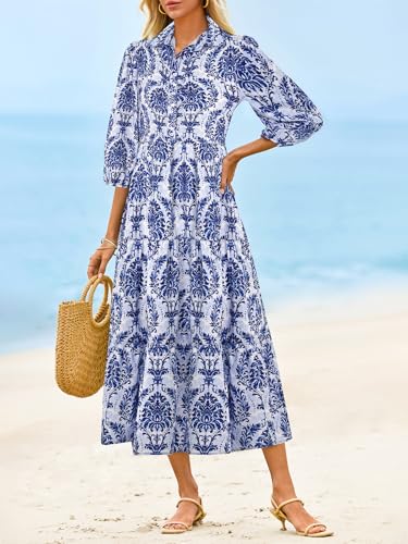 Image of Wenrine Womens Casual 3 /4 Sleeve Shirt Dress Button Down V Neck Tiered Collared Flowy Maxi Dress