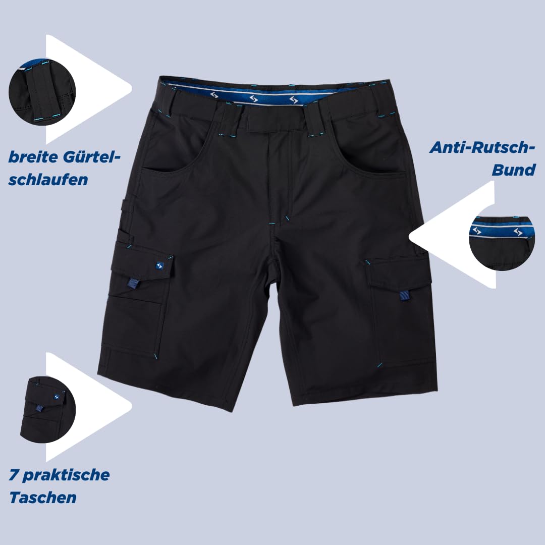 Scheibler Workwear – Pantaloncini softshell da uomo – Pantaloni da lavoro altamente elastici per l'estate – Pantaloni corti softshell con cintura flessibile, elastico in vita e molte tasche –